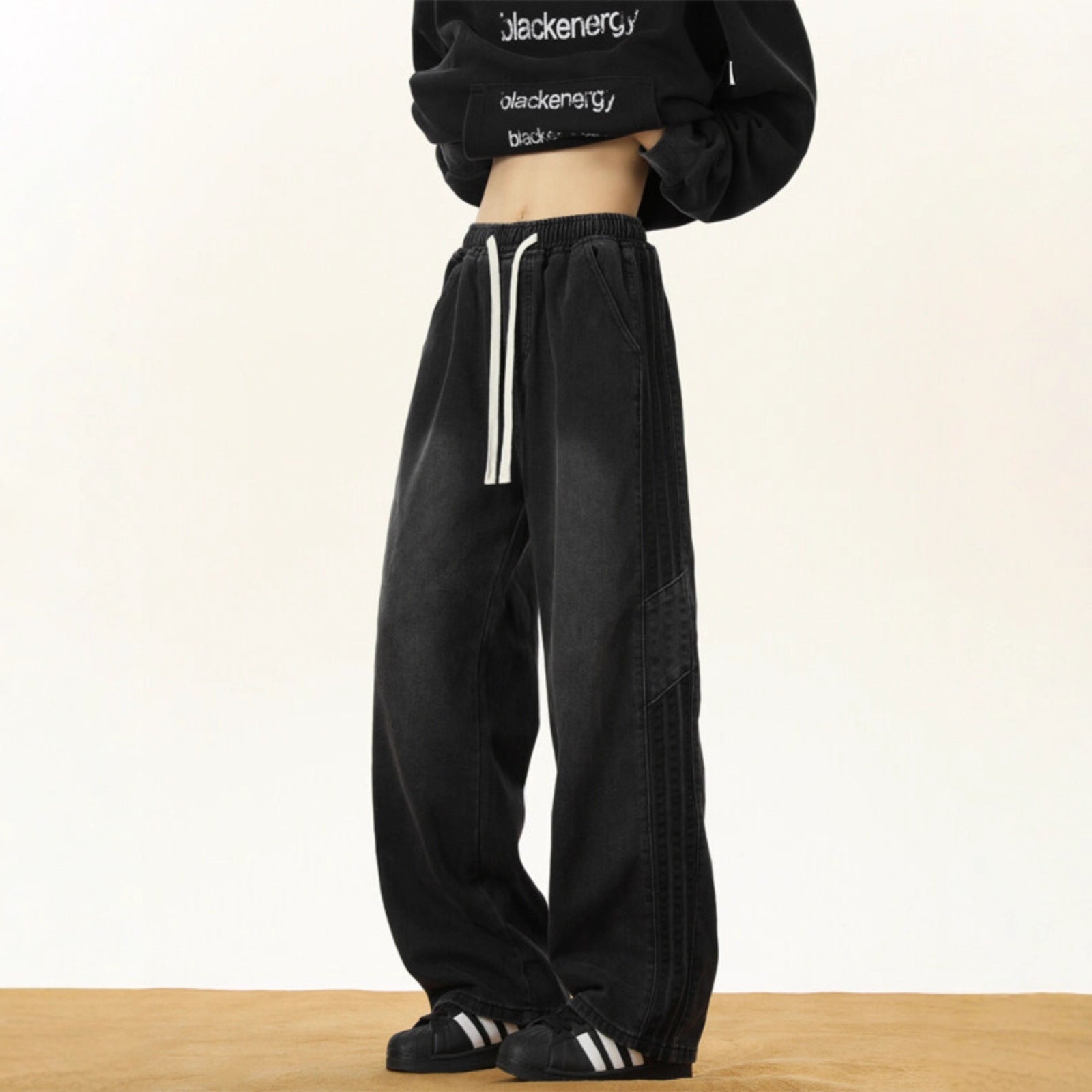 Side Stripe Webbing Denim Pants Men Vintage Washed Oversized Loose Straight Leg Pants