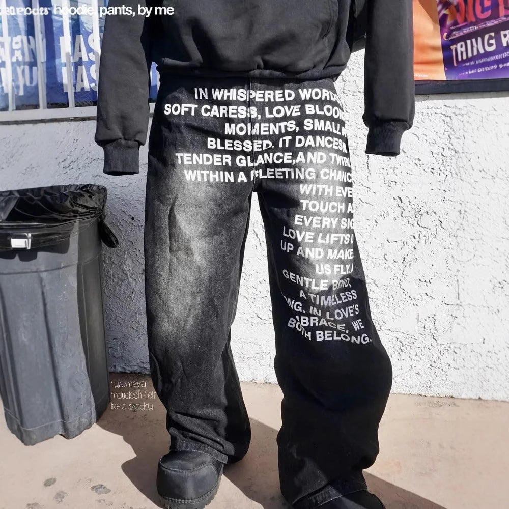 Style Retro Street Hip Hop Wide Leg Jeans with Water Washed Letter Print for Men Loose Long Pants Trendy