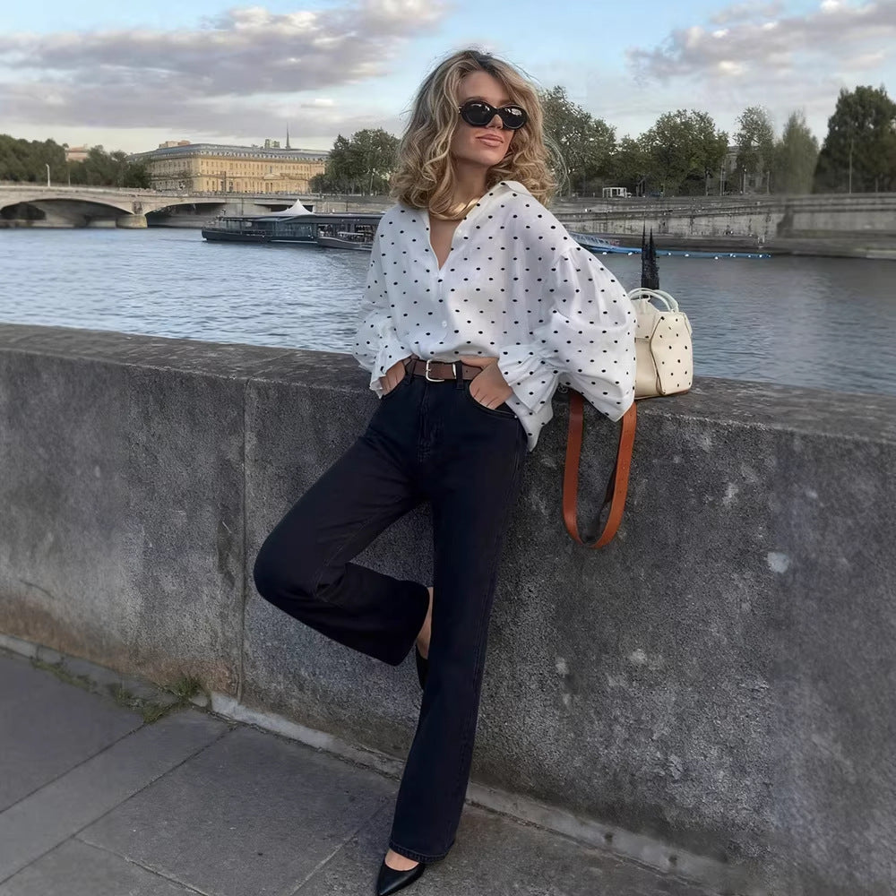 Early-Autumn Loose Casual Polka-Dot Shirt With Front Buttons For A Stylish Look