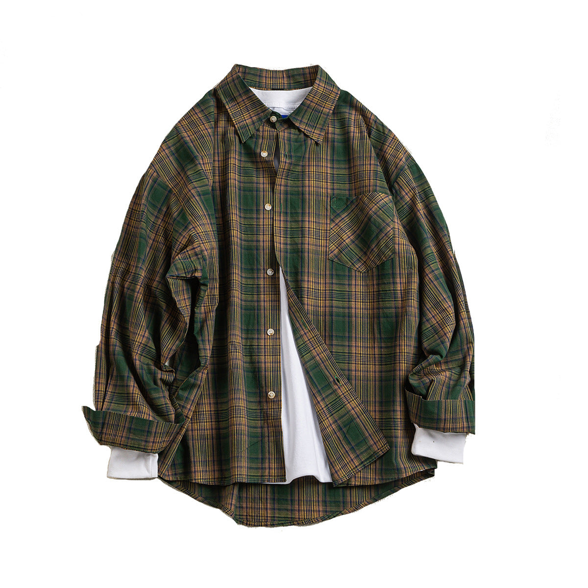 American College Style Vintage Long Sleeve Checkered Shirt for Men and Women, Spring Summer Casual Loose Cotton Shirt