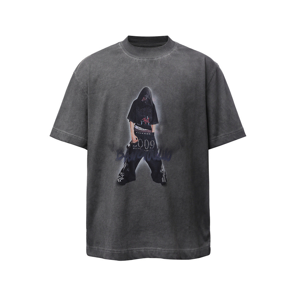 Rock and roll character print, worn and dirty short sleeves