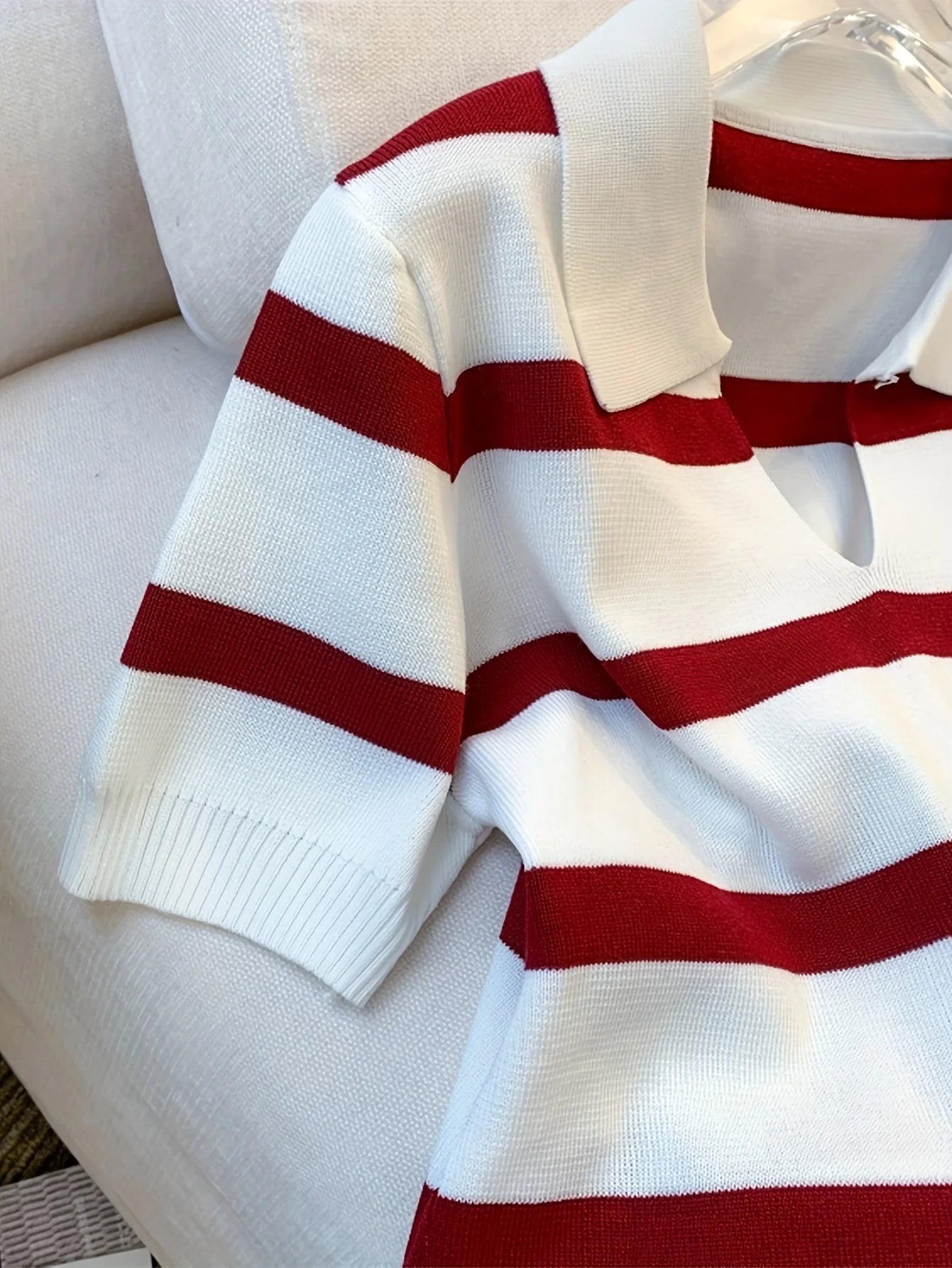 New Striped Pattern Collared Sweater Versatile Short Sleeve Knitted Top For Spring & Summer Women's Clothing Crop Top