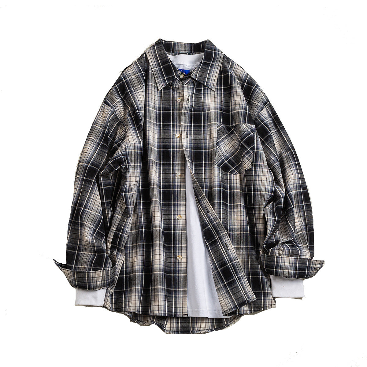 American College Style Vintage Long Sleeve Checkered Shirt for Men and Women, Spring Summer Casual Loose Cotton Shirt