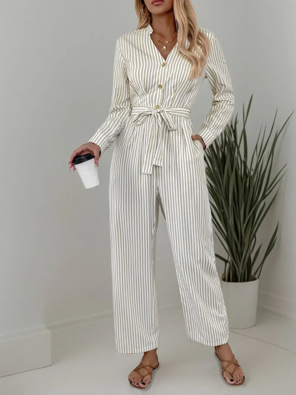 V-neck jumpsuit commuting style striped tie jumpsuit