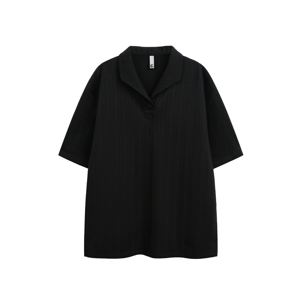 Solid Color Textured Loose Fit Short Sleeve Polo Shirt for Men and Women