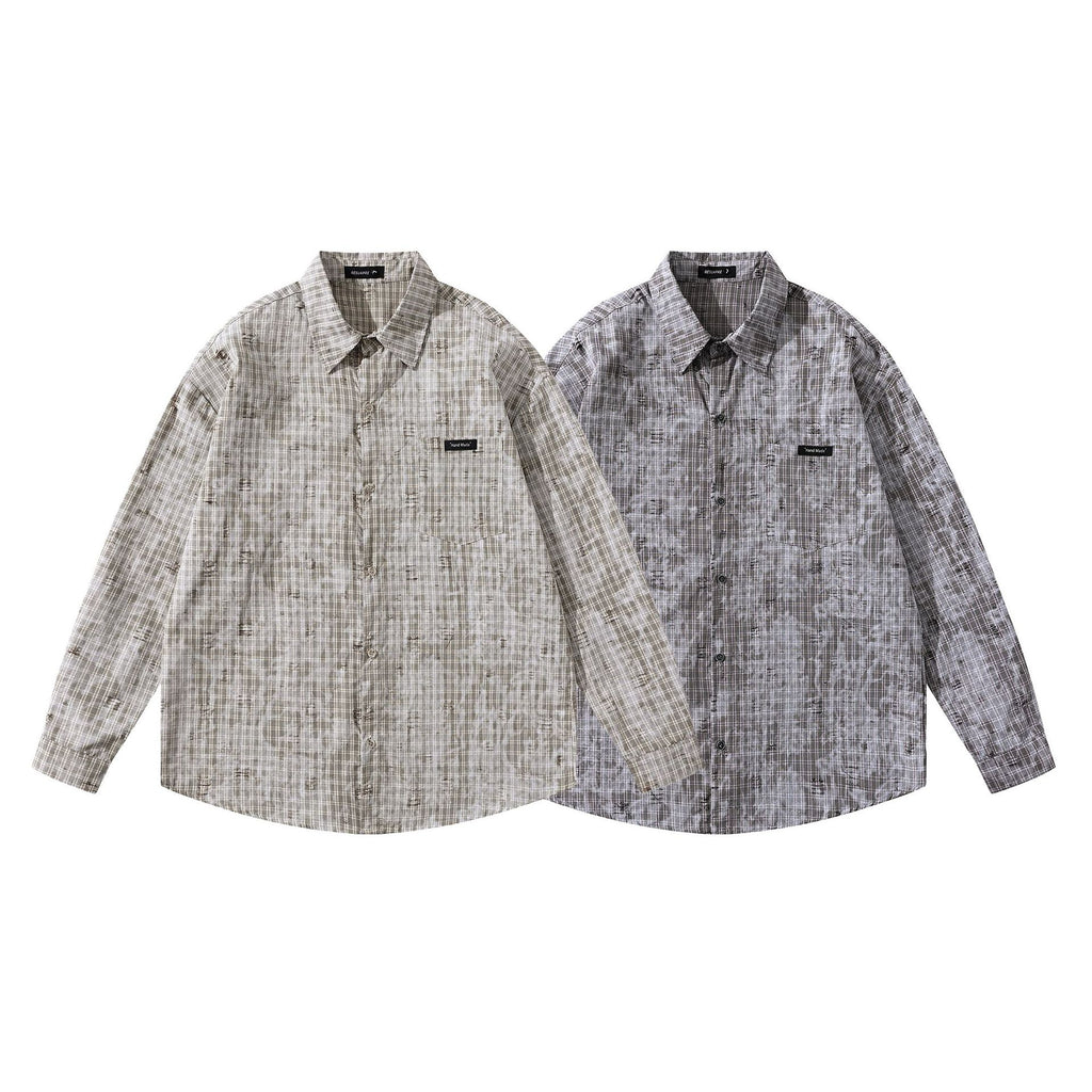 Street Style Plaid Hole Long Sleeve Shirt Men Loose High-Grade Couple Shirt Jacket