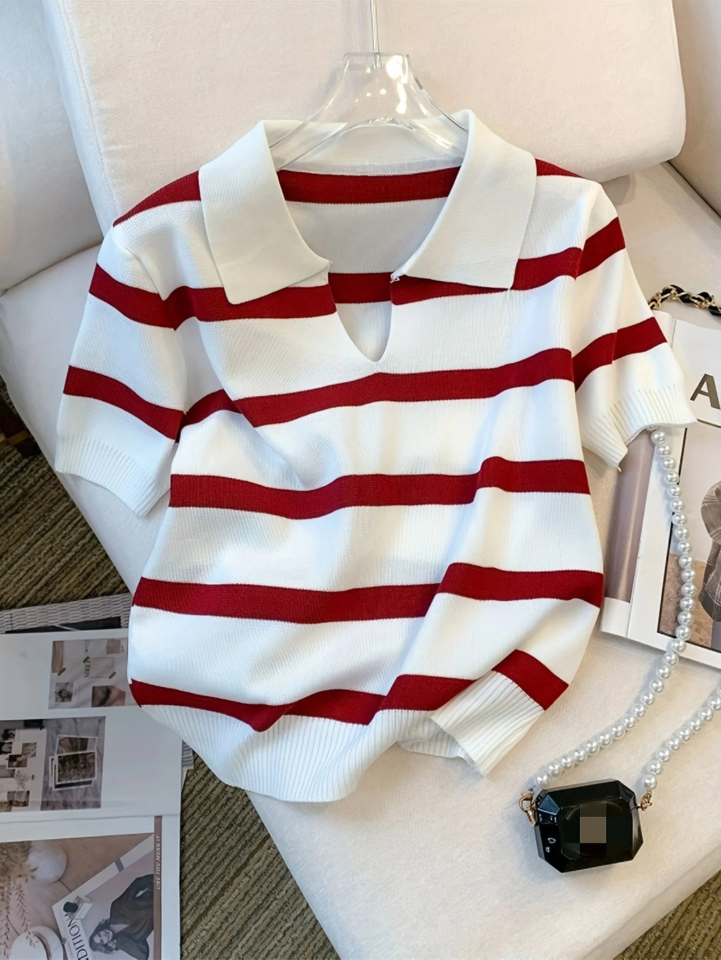 New Striped Pattern Collared Sweater Versatile Short Sleeve Knitted Top For Spring & Summer Women's Clothing Crop Top