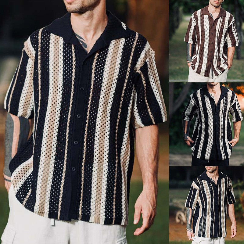 Casual Knitted Spliced Stripe Grid Shirt for Men, Lightweight Business Style