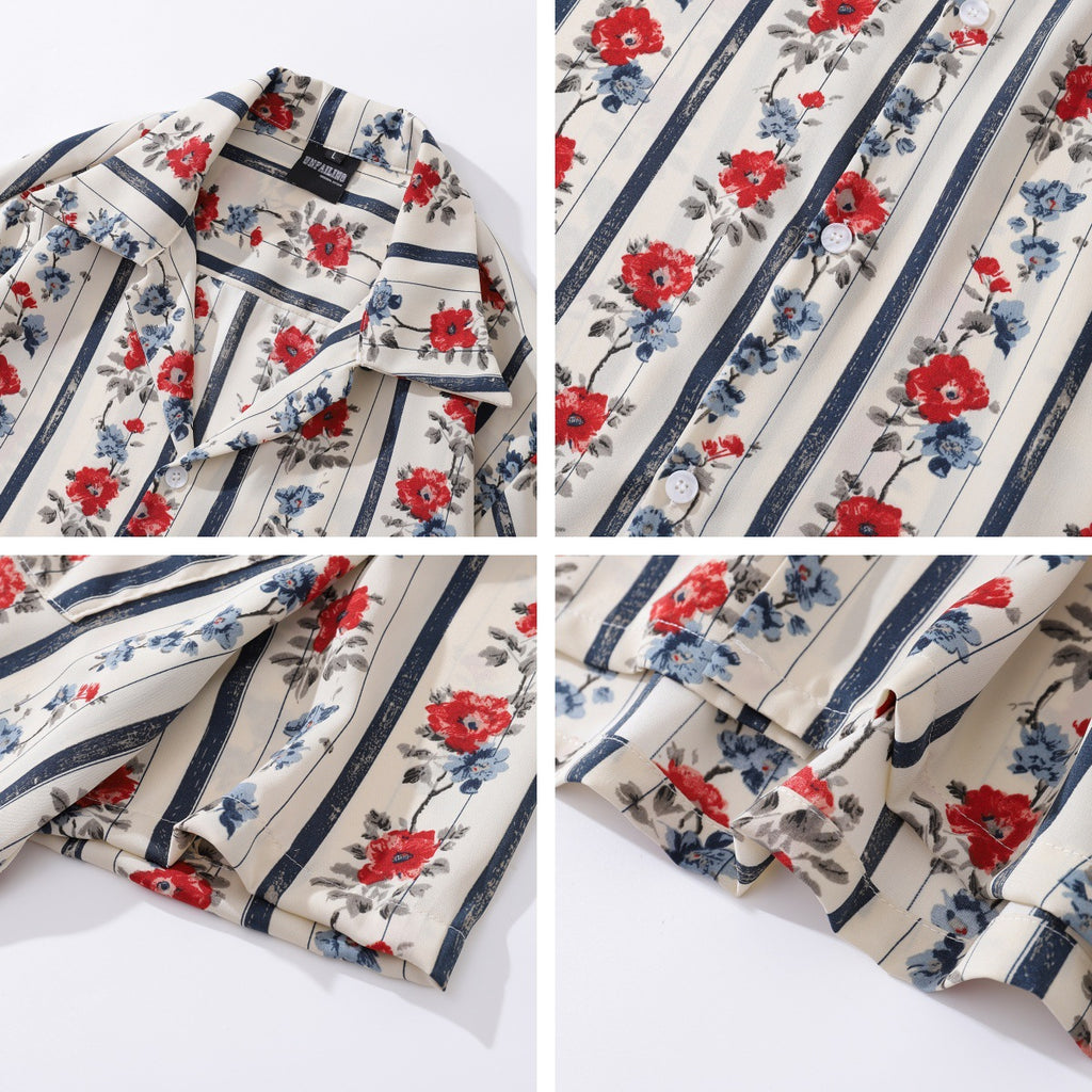 Style Retro Floral Full Print Short Sleeve Shirt for Men and Women, Loose Casual Lazy Couple Blouse Jacket