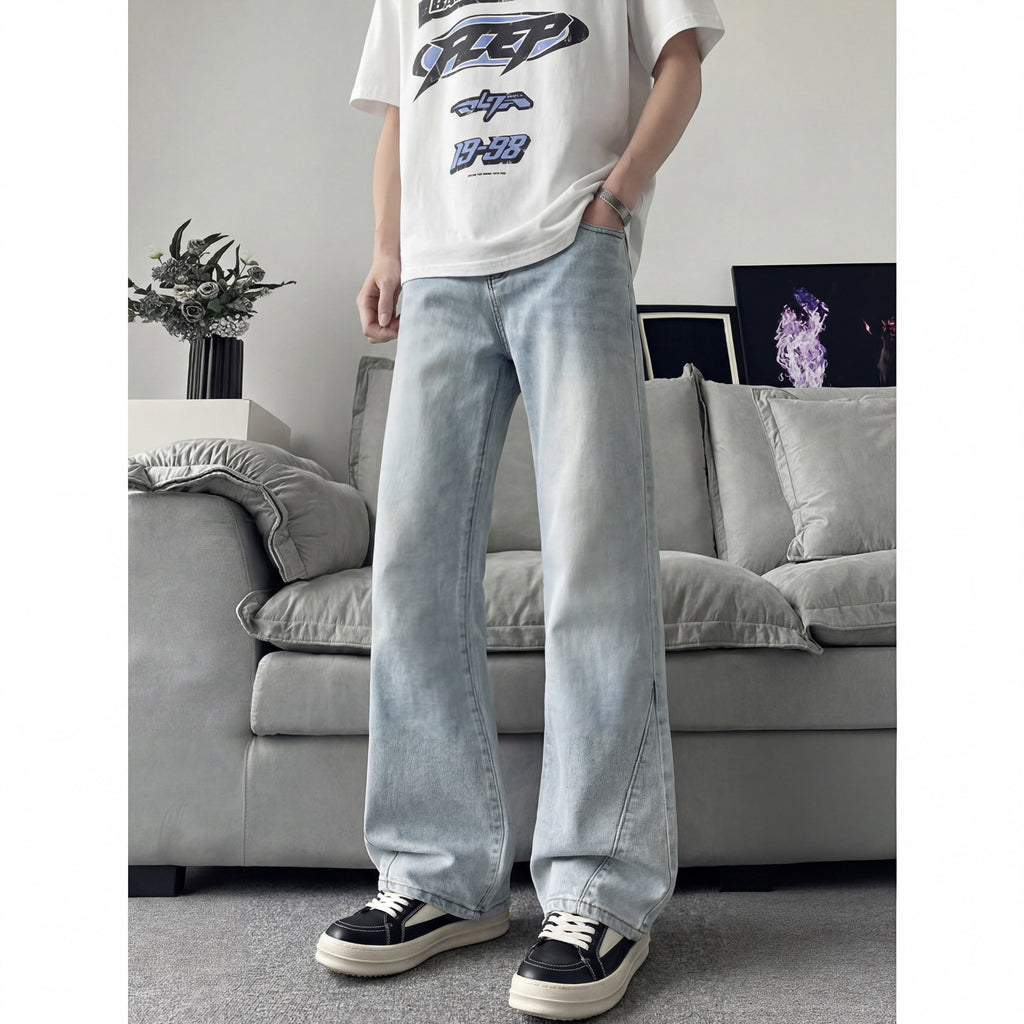 Slant Cut Flared Jeans Men Street Style Clean Fit Straight Leg Slim Flared Pants Vibe Trendy