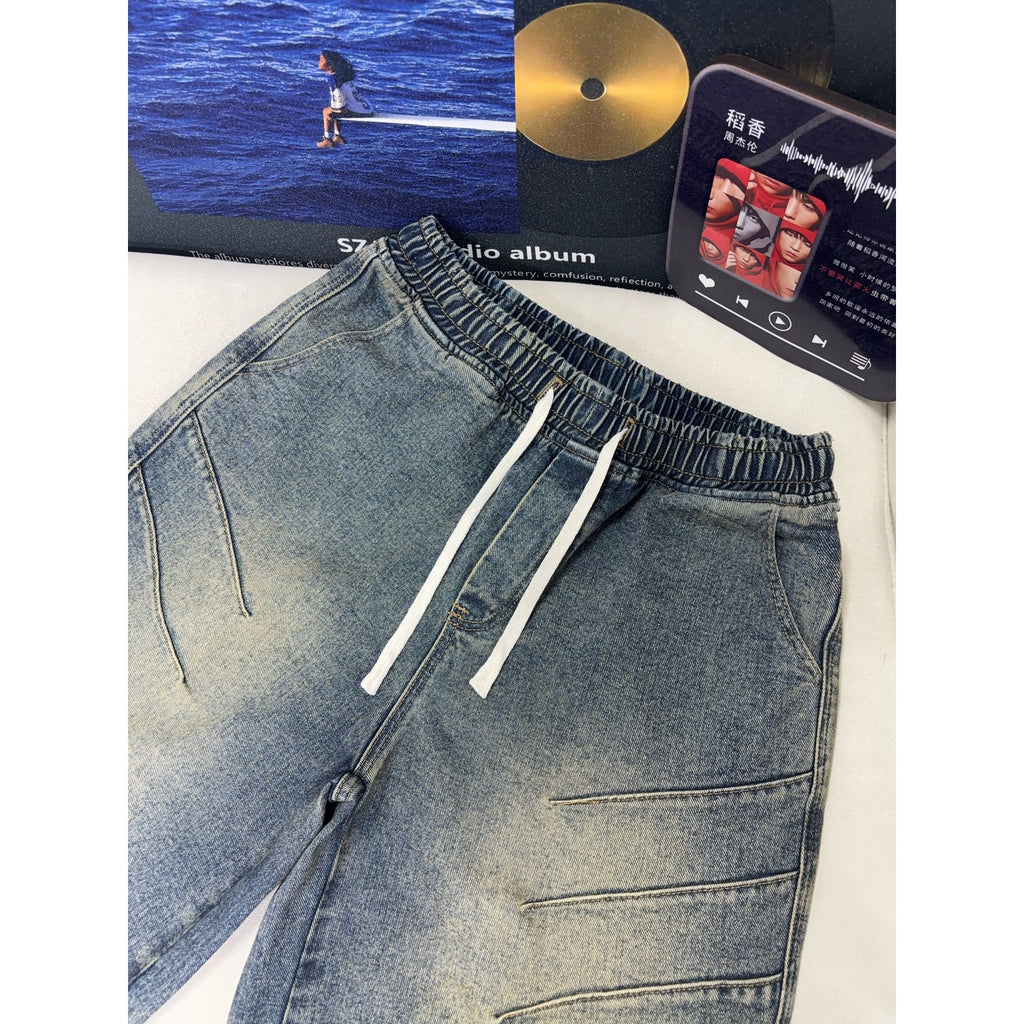 Vintage Pleated Denim Shorts Men Washed Vibe Pants