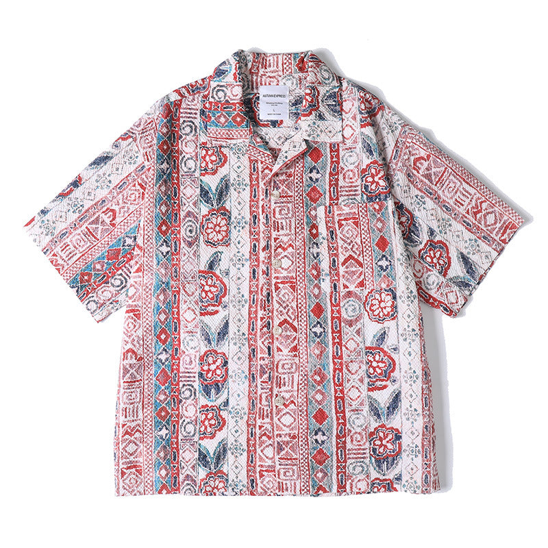 Cuban Collar Hawaiian Pattern Floral Beach Vacation Short Sleeve Shirt