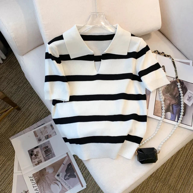 New Striped Pattern Collared Sweater Versatile Short Sleeve Knitted Top For Spring & Summer Women's Clothing Crop Top