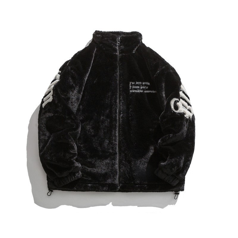 Stand Collar Faux Rabbit Hair Coat Men Winter  Loose Quilted Thickened Cotton Jacket