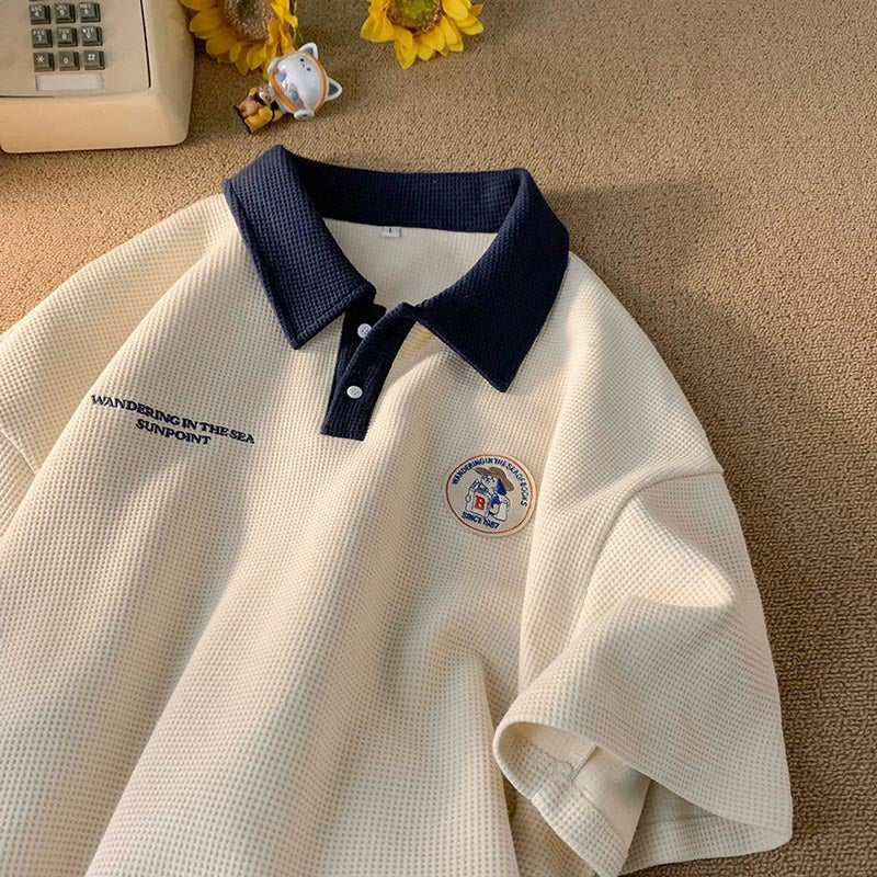 Retro Waffle Knit Embroidered Logo Polo Collar Short Sleeve T-Shirt