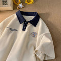 Retro Waffle Knit Embroidered Logo Polo Collar Short Sleeve T-Shirt