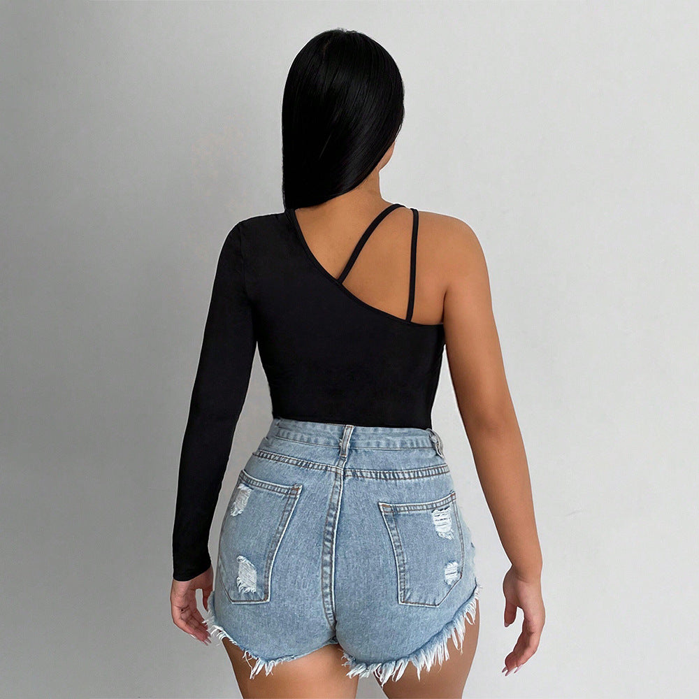 European beauty ins sexy off-the-shoulder hanging neck long-sleeved slim-fitting clothes