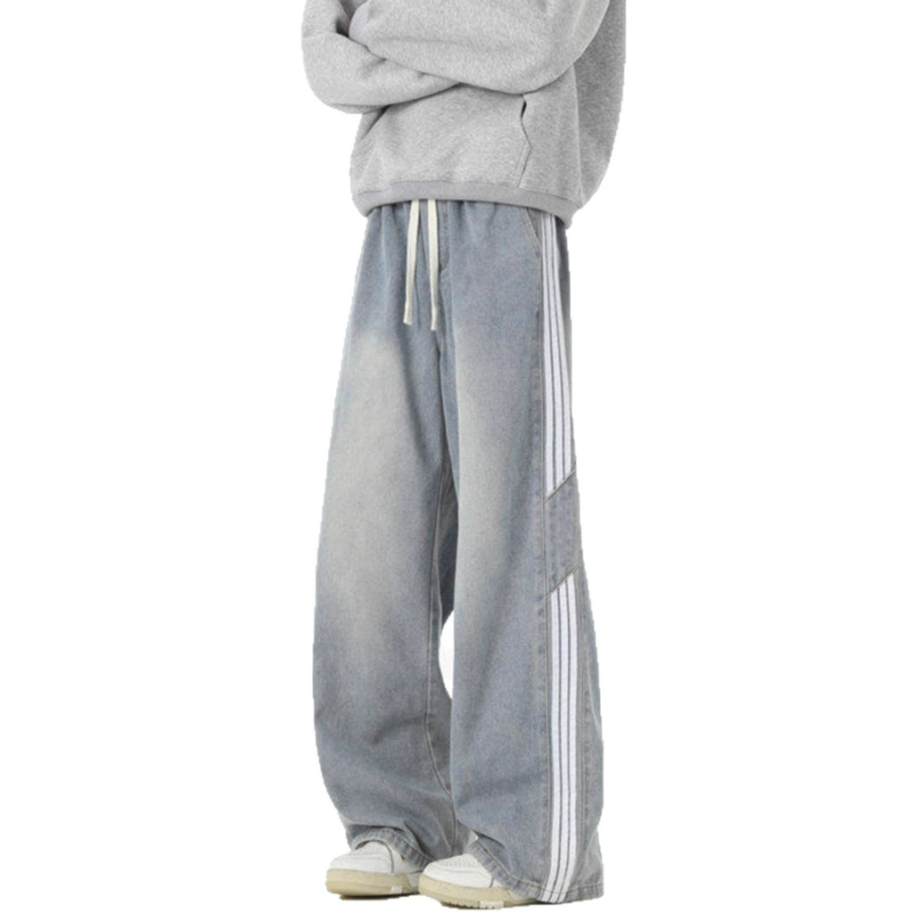 Side Stripe Webbing Denim Pants Men Vintage Washed Oversized Loose Straight Leg Pants