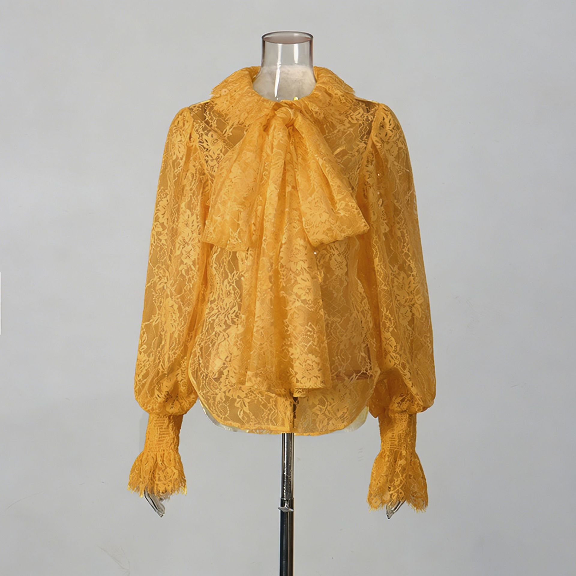 Lantern Sleeve Bow Tie Lace Embroidered Shirt