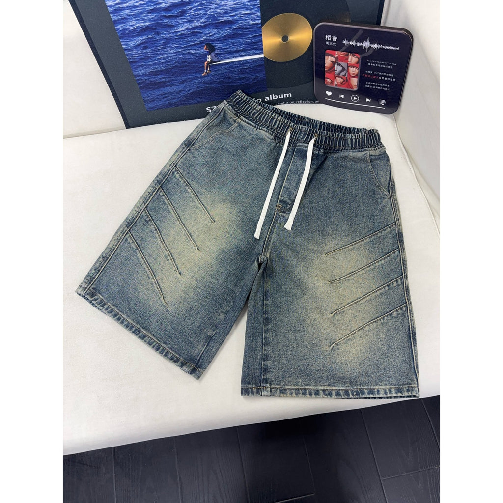 Vintage Pleated Denim Shorts Men Washed Vibe Pants