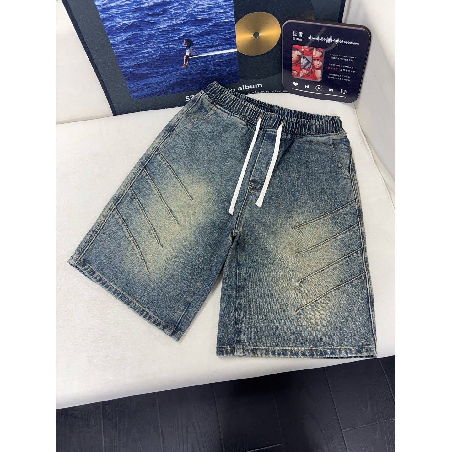 Vintage Pleated Denim Shorts Men Washed Vibe Pants