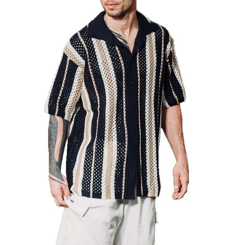 Casual Knitted Spliced Stripe Grid Shirt for Men, Lightweight Business Style