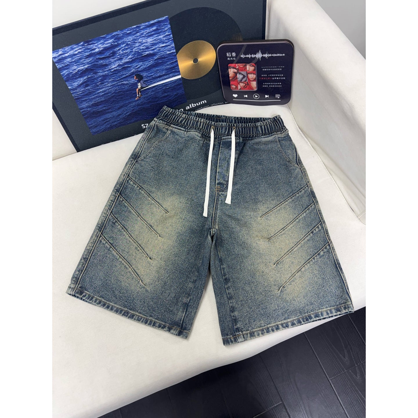 Vintage Pleated Denim Shorts Men Washed Vibe Pants