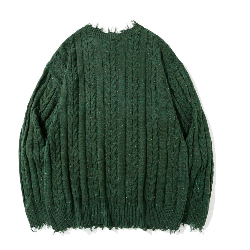 Solid Color Jacquard Cable Knitwear Men's High Street Lazy Style Loose Round Neck Sweater Streetwear Crewneck Pullover