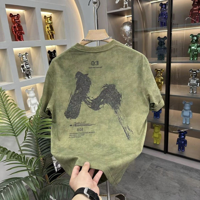 Fashion Sense Tie-Dye Letter Print Short Sleeve T-Shirt for Men Summer Casual Basic Tee Top