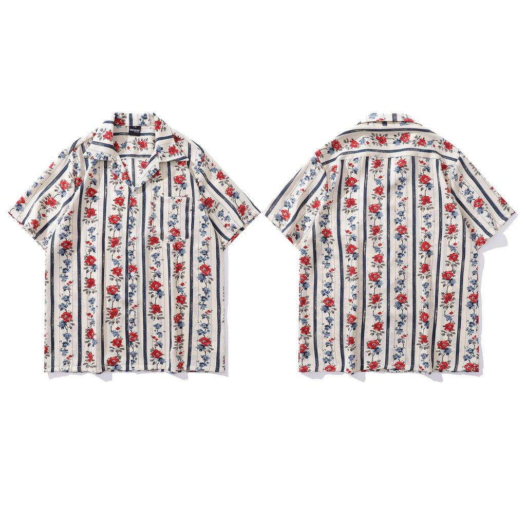 Style Retro Floral Full Print Short Sleeve Shirt for Men and Women, Loose Casual Lazy Couple Blouse Jacket