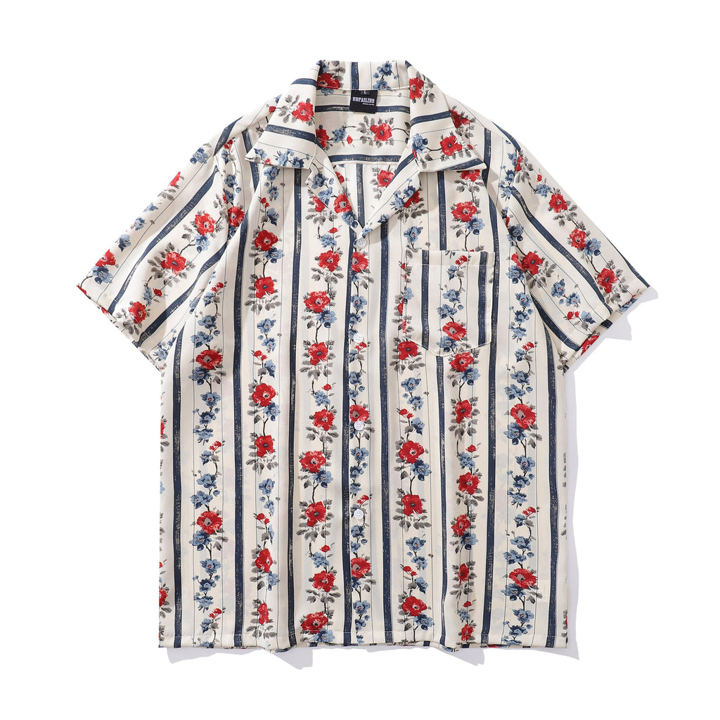 Style Retro Floral Full Print Short Sleeve Shirt for Men and Women, Loose Casual Lazy Couple Blouse Jacket