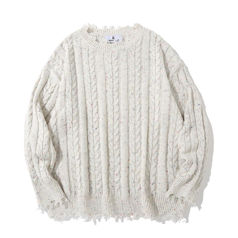 Solid Color Jacquard Cable Knitwear Men's High Street Lazy Style Loose Round Neck Sweater Streetwear Crewneck Pullover