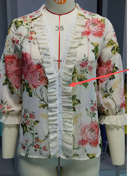 French Floral Ruffled V-Neck Blouse