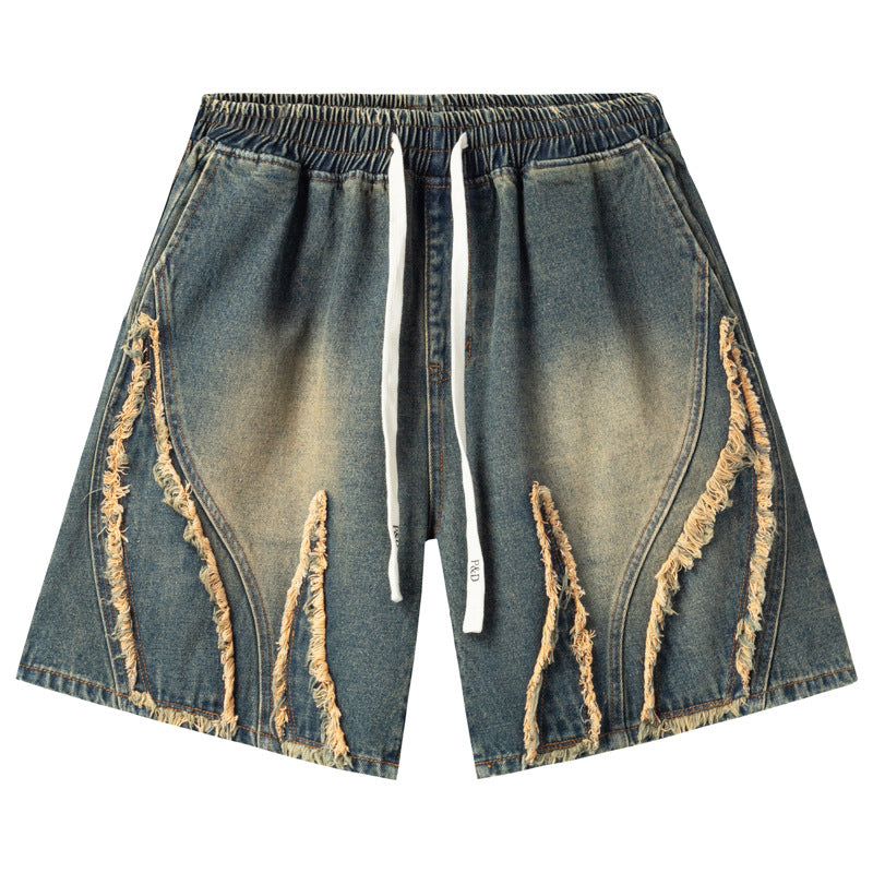 Retro washed frayed fringe denim shorts for men