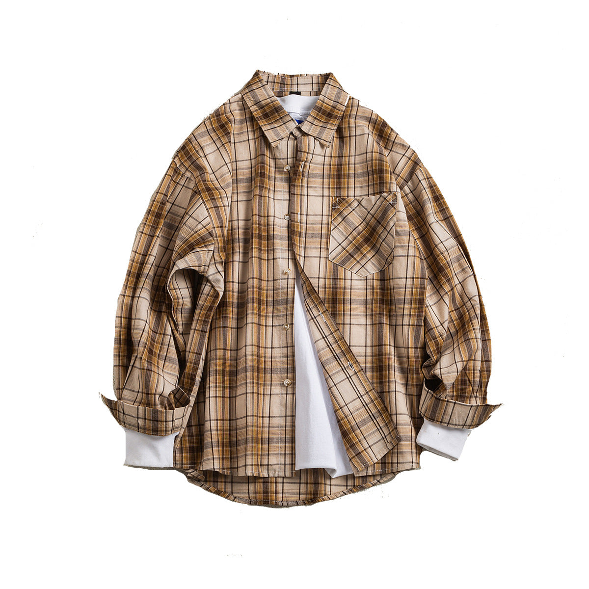 American College Style Vintage Long Sleeve Checkered Shirt for Men and Women, Spring Summer Casual Loose Cotton Shirt