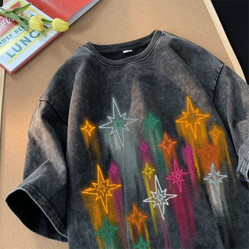Drop Shipping Graffiti Star Short Sleeve T-Shirt for Men and WomenMillennium StyleCasual Couple Tee Trendy Brand