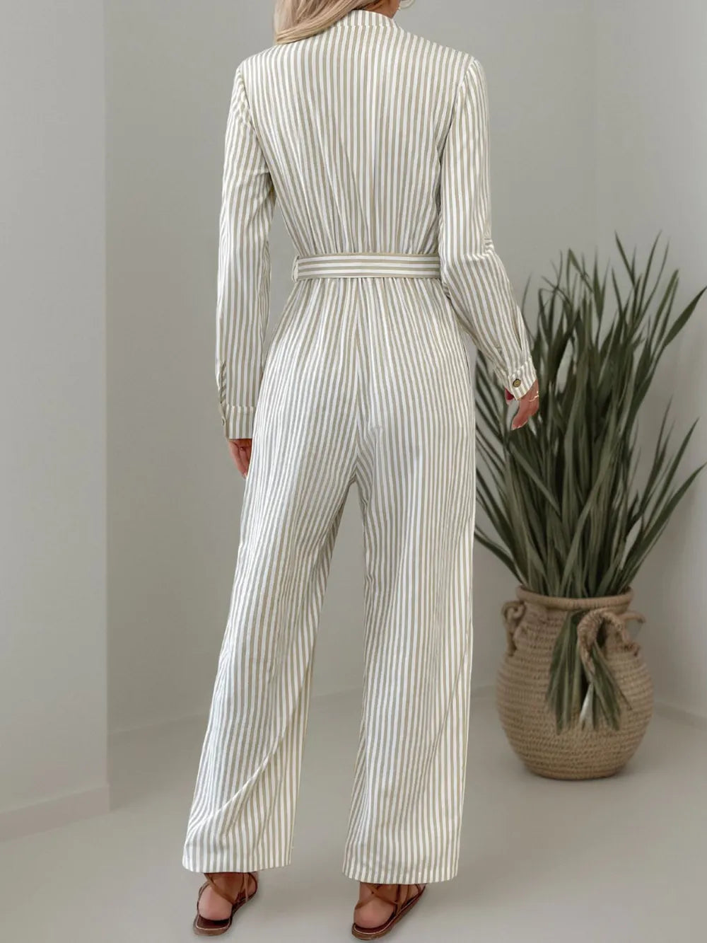 V-neck jumpsuit commuting style striped tie jumpsuit