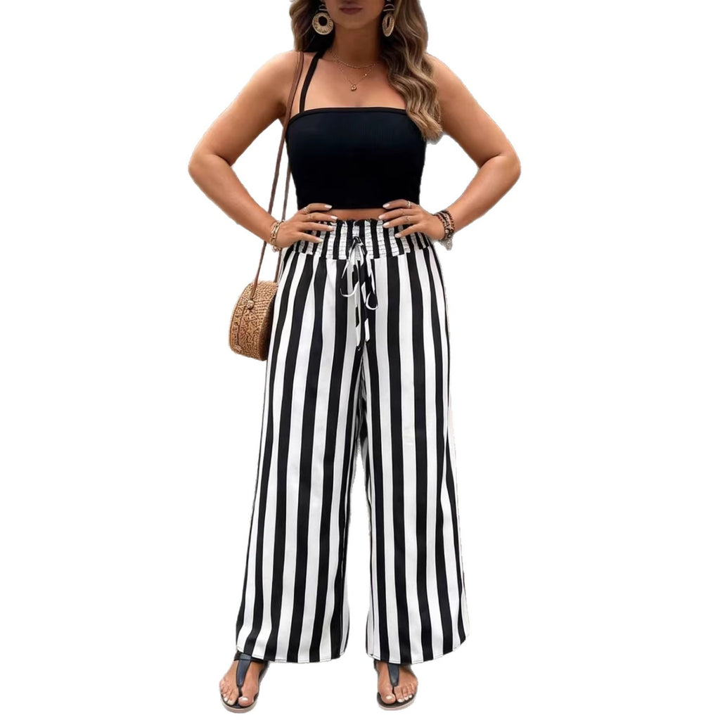 Fluid Stripe Wide Leg Pants Summer Loose High Waist Casual Trousers