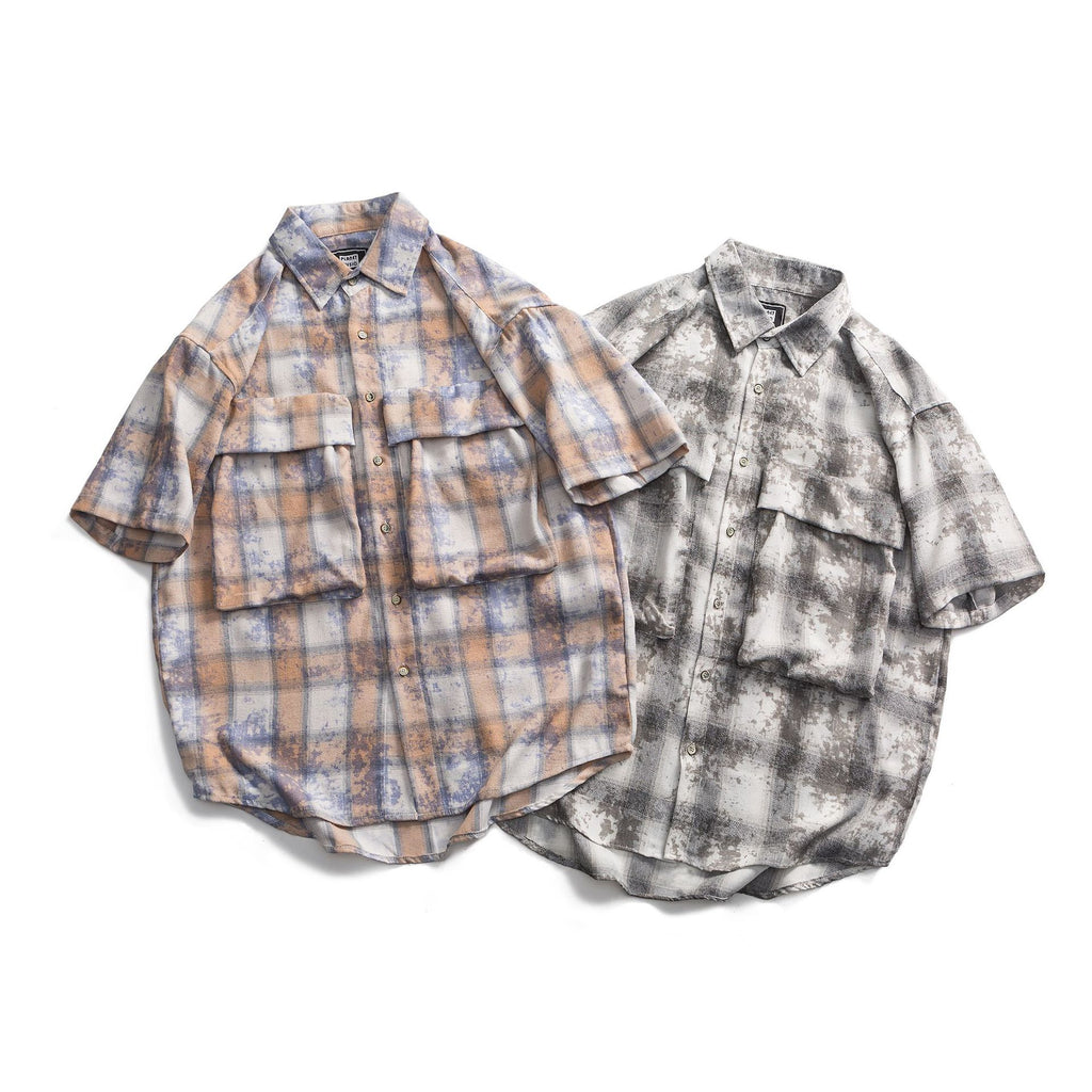 Checkered camouflage printed short sleeved shirt for men