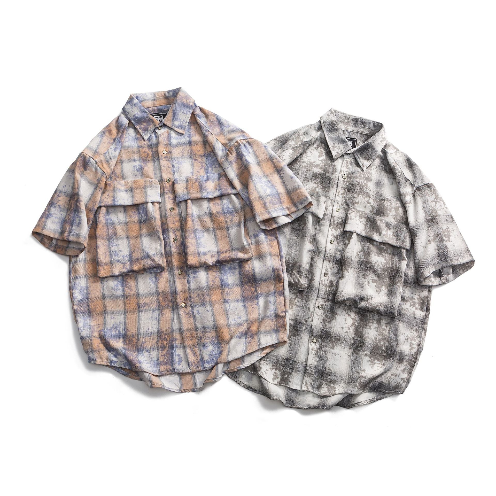 Checkered camouflage printed short sleeved shirt for men