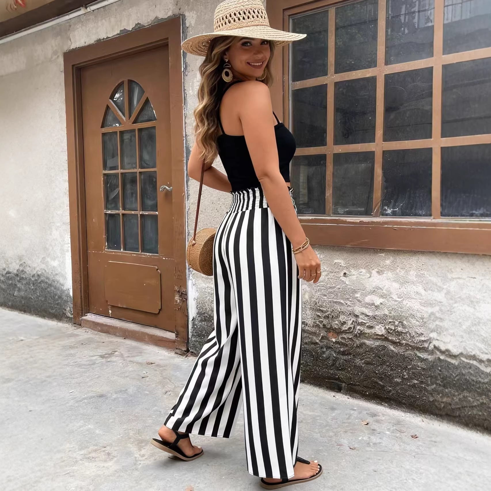 Fluid Stripe Wide Leg Pants Summer Loose High Waist Casual Trousers