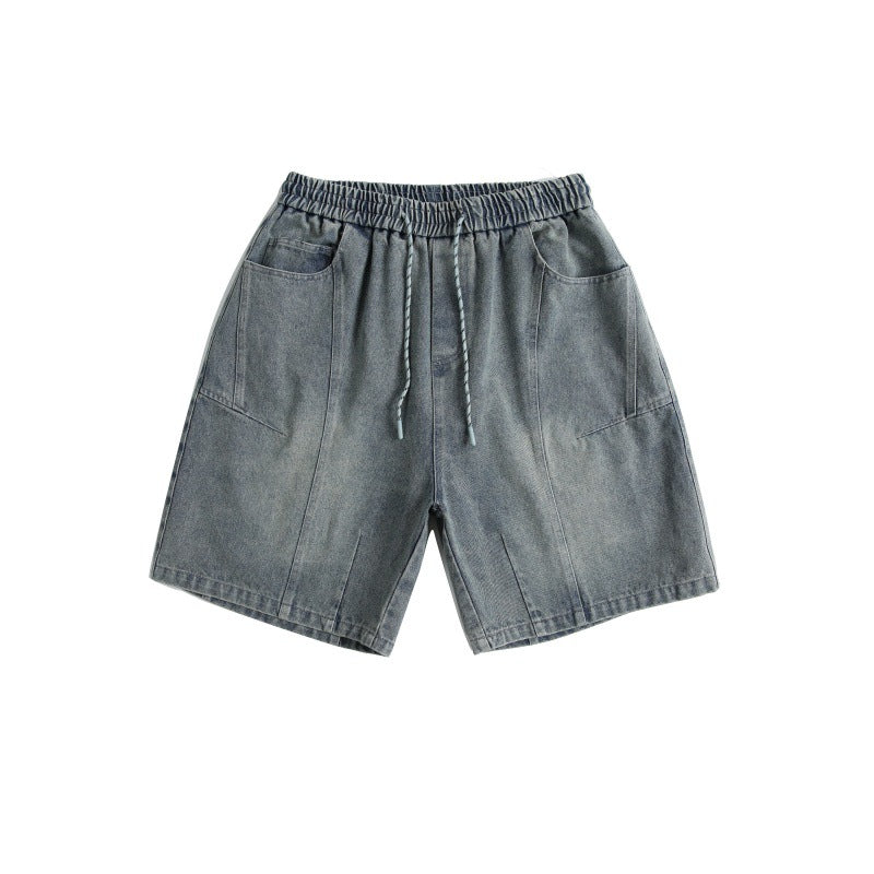 Deconstructed and spliced washed denim shorts for men