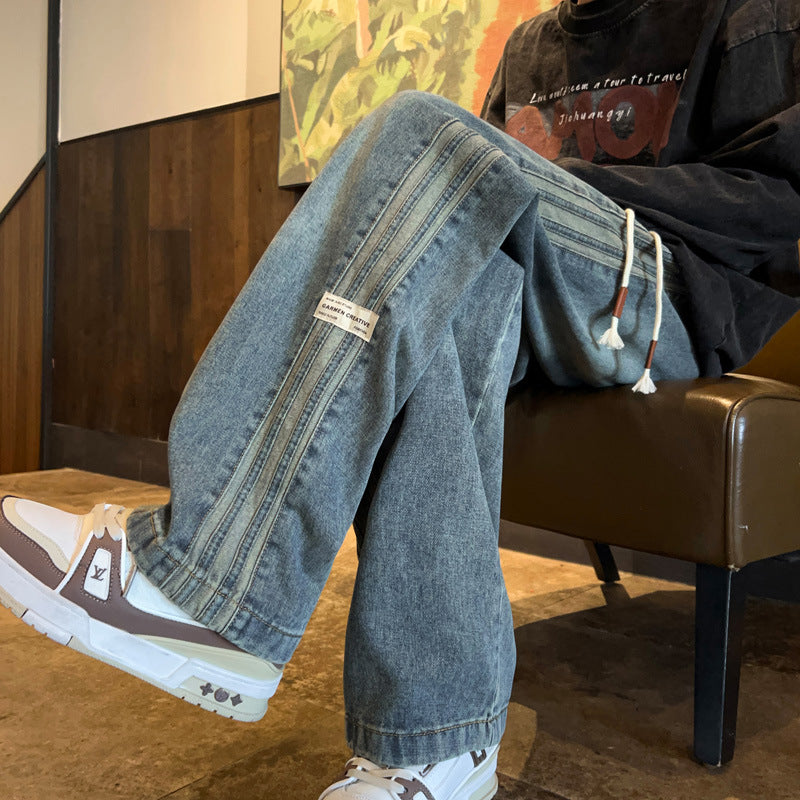 Striped Denim Pants Men Autumn Winter Trendy Style Wide Leg Loose Straight Cut Washed Casual Trousers