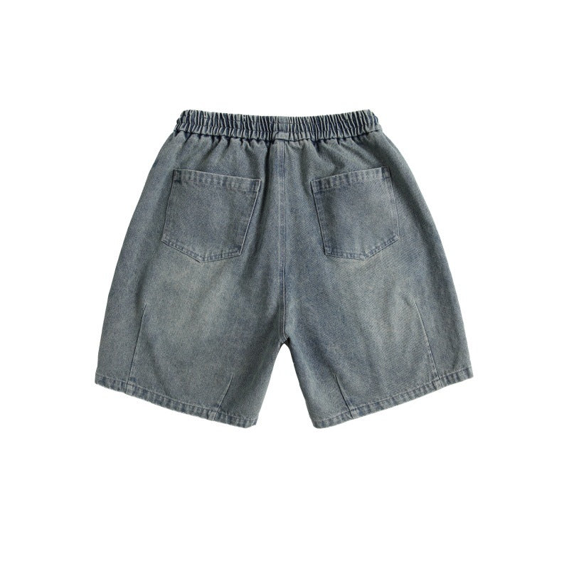 Deconstructed and spliced washed denim shorts for men