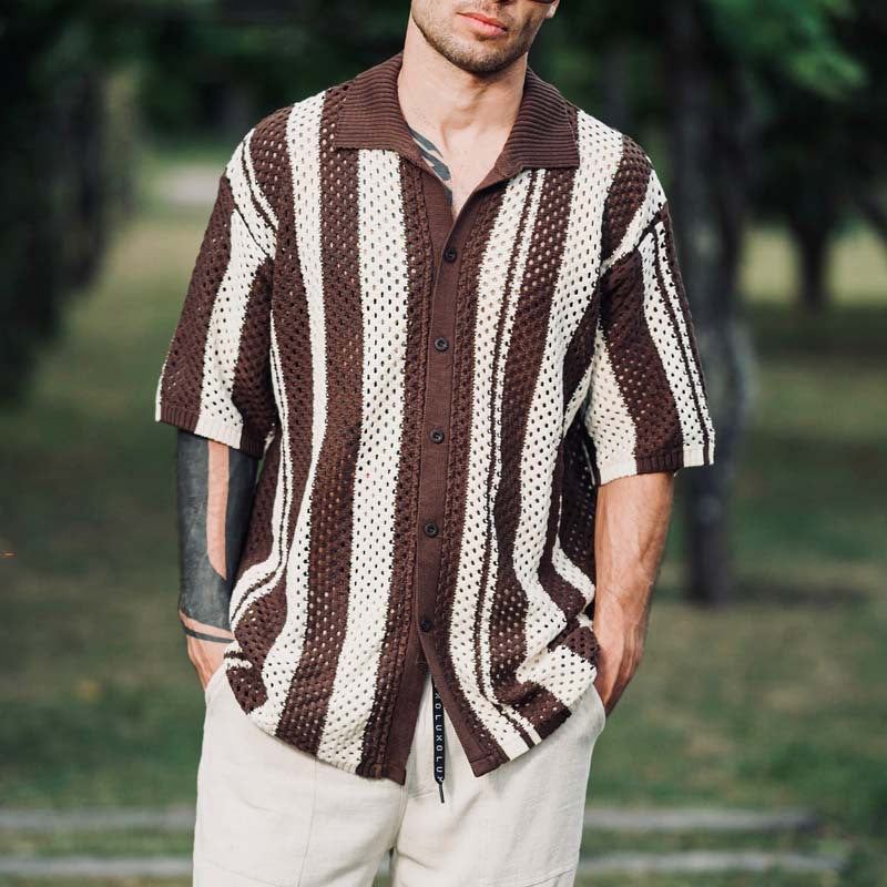 Casual Knitted Spliced Stripe Grid Shirt for Men, Lightweight Business Style