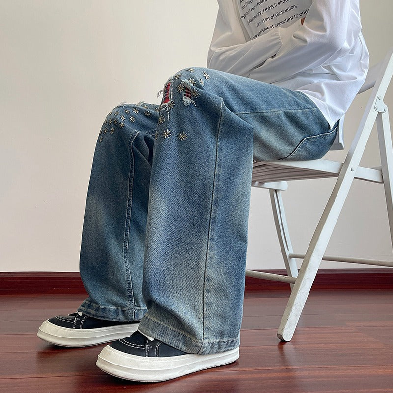 Vintage Patch Embroidery Ripped Jeans Men Women High Street Washed Distressed Straight Leg Wide Leg Long Pants Trendy