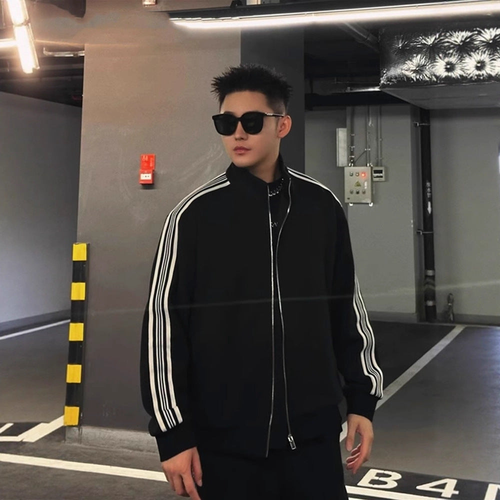 High-end Casual Sportswear Set for Men Striped Open Front Jacket with Fleece Lining Fashionable Autumn and Winter Outwear