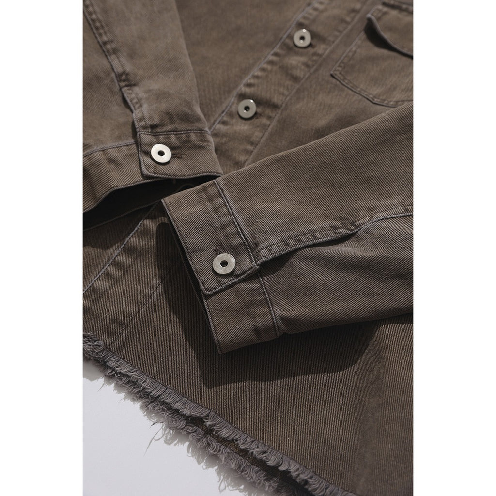 Washed Hem Loose Casual Long Sleeve Shirt Pure Cotton Workwear Jacket Men