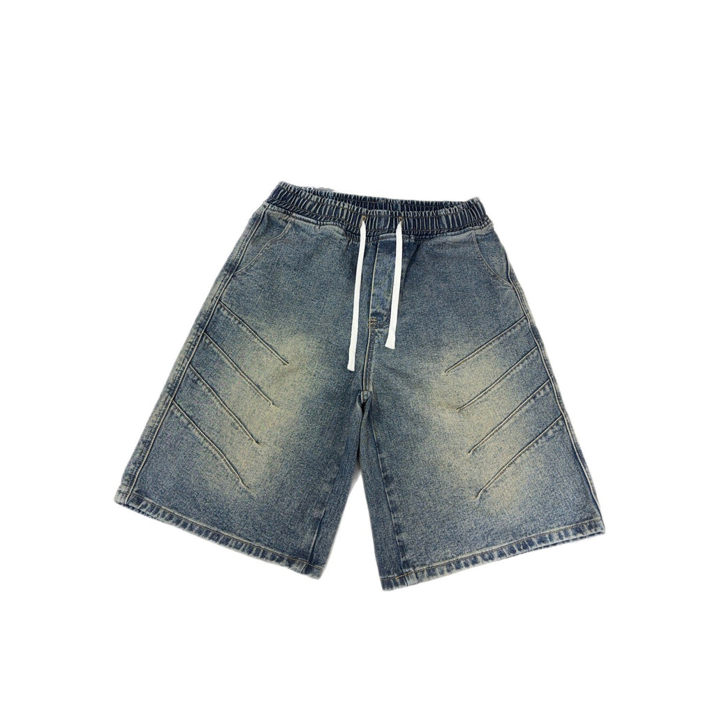 Vintage Pleated Denim Shorts Men Washed Vibe Pants