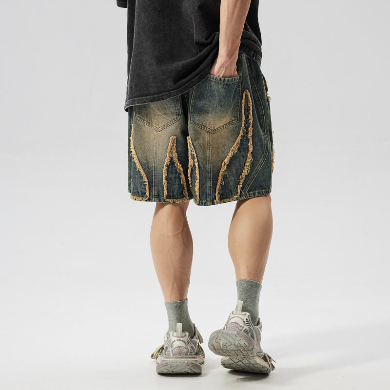 Retro washed frayed fringe denim shorts for men